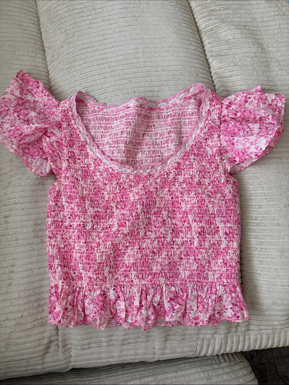 LoveShackFancy Pink Floral Smocked Short Sleeve Top